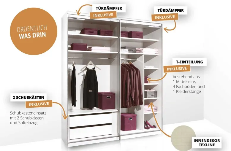 Includo Kleiderschrank mit Spiegel eiche